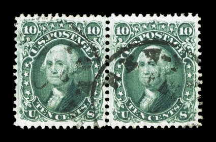 68, 10c Yellow green, choice used horizontal pair, excellent centering within large margins, deeply rich color and a sharp impression, light town cancels, extremely fine 1989 PF
certificate ex-Klein.