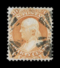 71, 30c Orange, impressive used single, excellent centering, bright fresh color, attractively cancelled by face-free fancy radial pmks., extremely fine 2005 PSE certificate (XF
90 SMQ $570.00).