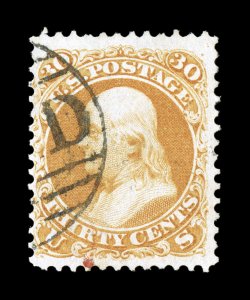 71, 30c Orange, used, attractively centered within exceedingly large margins for this value, bright and fresh, neat portion of a Boston Paid as well as a tiny bit of a red
transit pmk. at bottom, choice very fine 2007 PSE certificate.