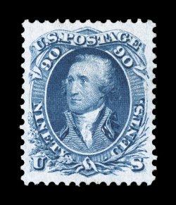 72, 90c Blue, a beautiful unused example of this scarce high value, featuring large and incredibly well balanced margins all around, rich luxuriant color and an excellent
impression on fresh white paper, extremely fine an exceptionally choice s