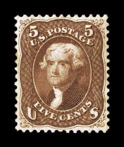 75, 5c Red brown, very scarce mint example, incredibly well centered for this always challenging stamp, deep luxuriant color and a well incised impression, o.g., a few age
specks on the gum, otherwise extremely fine clear 1988 PF certificate