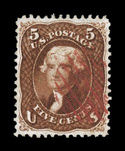 75, 5c Red brown, pretty used single, being exceptionally well centered and margined for this notoriously difficult stamp, plus its color is strong and rich, a crisp impression
and bright red grid cancel further contribute to this stamps overal