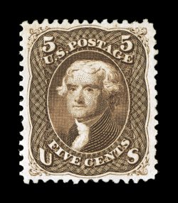 76, 5c Brown, a magnificent mint example of one of the most difficult 19th century stamps to find in truly gem quality, as the vast majority of examples are found with narrow
margins, off-center, andor with faults, this particular example, howe