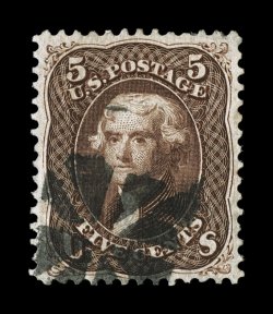 76, 5c Brown, premium quality used single, exceptionally well centered and margined, sumptuously rich color and a highly detailed impression, neat circle of wedges cancel that
is mostly face-free, extremely fine 2000 PF certificate.