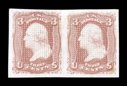 83a, 3c Rose, C Grill, imperforate, horizontal pair, four large margins, exceedingly bright and fresh, o.g., mild h.r., extremely fine a choice quality example of this rare
imperforate pair 1988 PF certificate.
