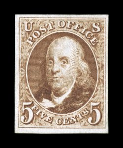 3, 5c Red brown reproduction, without gum as issued, full to mostly large margins around, bright rich color, tiny thin speck, choice very fine appearance clear 1982 PF
certificate.