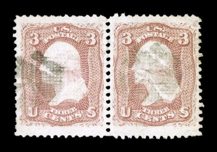 85C, 3c Rose, Z grill, used horizontal pair, exceptionally well centered within very large margins (especially the huge top and bottom margins), bright fresh color, light cork
cancels, extremely fine this is one of the very few remaining mult