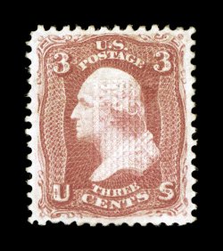 88, 3c Rose, E grill, crisp mint single, with gorgeous rich color and a razor-sharp impression on bright paper, remarkably well centered, especially strong grill impression,
full o.g., lightly hinged, extremely fine a very scarce stamp in thi