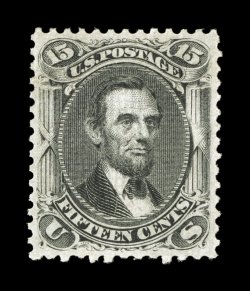 91, 15c Black, E grill, a marvelous example of this very rare mint stamp, possessing near perfect centering which is virtually never found on this value, rich color and a crisp
clean impression, the reverse is most impressive, featuring pristi