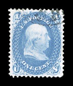 92, 1c Blue, F grill, exceptionally well centered amid large margins, rich bright color and a well defined impression on clean white paper, light cancel confined to the top
right corner, extremely fine an especially difficult stamp to find in