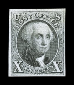 4, 10c Black reproduction, without gum as issued, four full to large margins, rich color and a strong detailed impression, choice very fine 1982 PF certificate.