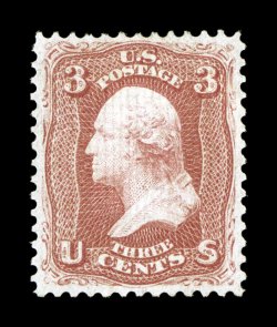 94, 3c Red, F grill, fresh mint single, brilliantly rich color and a sharp impression on crisp paper, exceedingly well centered and margined, o.g., relatively lightly hinged,
extremely fine 1989 PF certificate.