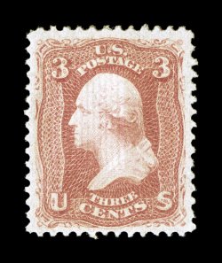 94a, 3c Rose, F grill, a gorgeous mint example of this shade variety, extraordinarily well centered amid lavishly large margins, wonderfully rich color on fresh paper, full
clean o.g., lightly hinged, an extremely fine gem 1991 PF certificate