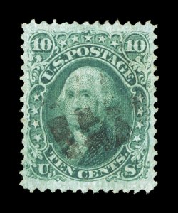 96 var., 10c Yellow green, F grill, split grill variety, showing clear grills at top and bottom, exceedingly well centered within very large margins, bright fresh color, lightly
cancelled, extremely fine 1985 PF certificate.