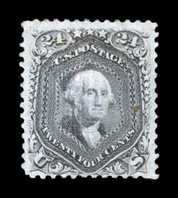 99, 24c Gray lilac, F grill, a rarely seen mint example, well centered for this, with much larger margins than typically found, strong color and impression, full o.g., two minor
corner creases at top left and a small toned spot at right, very