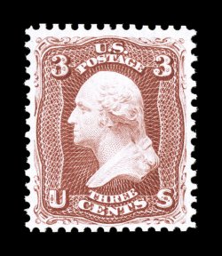 104, 3c Brown red re-issue, crisp unused single, rich luxuriant color and a deeply etched impression on bright white paper, full intact perforations all around, excellent
centering, choice very fine only 465 sold 1986 PF certificate.