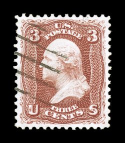 104, 3c Brown red re-issue, outstanding centering, deep intense color and impression, light grid cancel that the accompanying certificates states is non-contemporary, extremely
fine 1990 PF certificate.