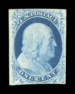 7, 1c Blue, Ty. II, large well balanced margins all around, strong rich color and an uncommonly crisp impression on fresh paper, full clean o.g., lightly hinged, extremely fine
and choice 1999 PF certificate and a 2007 PF certificate (VF-XF 85