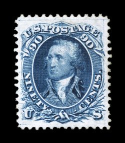 111, 90c Blue re-issue, unused, perfectly centered, with extravagantly large and uniformly balanced margins all around, sumptuously rich color and a razor-sharp impression,
extremely fine an incredibly handsome and rare stamp in this gem qualit