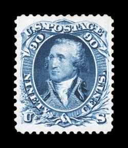 111, 90c Blue re-issue, remarkably, we have a second gem unused example of this high value rarity, marvelously well centered and margined, brilliantly rich color and a vivid
impression on fresh white paper, extremely fine 1990 PF certificate.