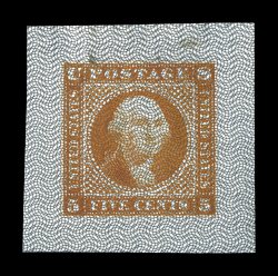 115-E9a, 5c Orange on black safety paper die essay, large margins, strong color, small thin spot at top which is quite common for this thin wove paper, extremely fine appearance
a rare 1869 Pictorial essay.