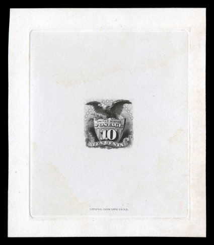 116TC1, 10c Black, large die trial color proof on India, die sunk on 79x92mm card, with National Bank Note Co. imprint at bottom, there is just the slightest bit of aging on the
front, but actually it is quite fresh overall, very fine a rarely
