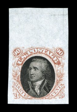 122-E2b, 90c Orange red plate essay on stamp paper, top sheet-margin single, other margins also exceedingly large, fresh colors, extremely fine.