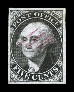 9X1b, New York, N.Y. 5c Black Postmaster Provisional, signed A.C.M., position 29, showing a double transfer, an extraordinarily handsome unused example of this elusive variety,
without gum as nearly always, four large to very large margins, espe
