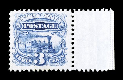 114, 3c Ultramarine, pristine right sheet-margin single, gorgeous rich color on brilliantly white paper, nicely centered within large margins, o.g., never hinged, very fine
adding interest to this particular stamp is the presence of an end roll