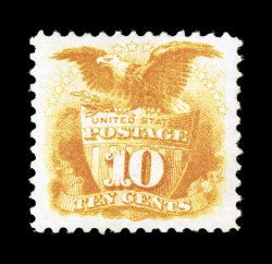 116, 10c Yellow, a gorgeous mint single, possessing dazzling intense color and an excellent impression on fresh paper, uncharacteristically well centered within exceptionally
large margins, full o.g. which is ever so slightly glazed, lightly hin