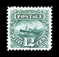 117, 12c Green, a magnificent mint example in a quality that would be quite a challenge to duplicate, as this particular value is very elusive to find in gem condition such as
this, possessing a remarkable overall brilliance and freshness, with