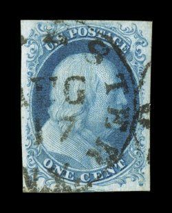 7, 1c Blue, Ty. II, select used single, with large wonderfully balanced margins all around, lovely rich color and a detailed impression, neat town c.d.s. postmarks, extremely
fine encapsulated PSE certificate (XF-Superb 95 SMQ $1,100.00)