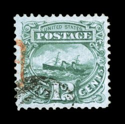 117, 12c Green, handsome used single, excellent centering within unusually large margins, wonderfully fresh color and a crisp impression on clean white paper, light black and
red cancels, both of which are quite unobtrusive, extremely fine 1999