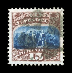 118, 15c Brown and blue, Ty. I, a spectacular used example in a quality that cannot be improved upon, as this gem sports flawless centering within enormously large margins all
around, plus its colors are deep and rich, while its impression is hi