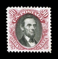 122, 90c Carmine and black, a most impressive mint example of this scarce and popular high value, incredibly fresh, with deeply rich colors and well incised impression on clean
white paper, plus it is extraordinarily well centered amid large mar