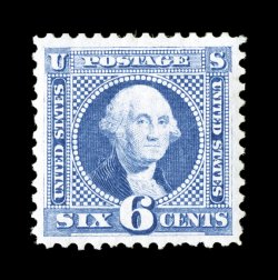 126, 6c Blue re-issue, gem mint single that is incredibly well centered amid large balanced margins, strikingly rich color and a crisp detailed impression on brilliantly white
paper, full o.g., lightly hinged, extremely fine a rare stamp in thi