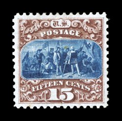 129, 15c Brown and blue re-issue, Ty. III, a wonderfully choice mint example of this scarce re-issue, incredibly fresh, with deep prooflike colors and impression on bright white
paper, plus it is exceedingly well centered within large balanced m