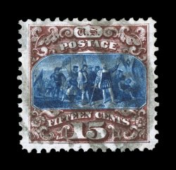 129, 15c Brown and blue re-issue, Ty. III, a most impressive used example of this re-issue, being exceedingly well centered within lavishly large margins, deep intense colors
and razor-sharp impressions on crisp white paper, lightly cancelled, e