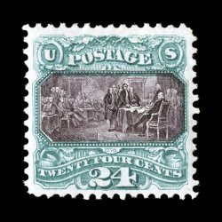 130, 24c Green and violet re-issue, especially well centered and margined, rich luxuriant colors and highly detailed impression on fresh white paper, full o.g., extremely fine a
highly select original gum Twenty Four Cent 1869 Re-issue, of whic