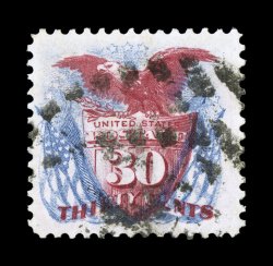 131, 30c Blue and carmine re-issue, a handsome used example of this popular re-issue, being far more rare used than mint, wonderfully well centered within extravagantly large
margins, rich bright colors, extremely fine of the 1,535 issued of th