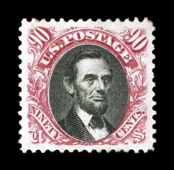 132, 90c Carmine and black re-issue, a breathtakingly beautiful mint example of this rare and popular re-issue high value, possessing numerous eye-catching physical
characteristics, including perfect centering amid extraordinarily large margins,