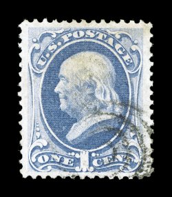 134, 1c Ultramarine with grill, H grill, exceptionally well centered within extravagantly large margins, attractive color, clearly defined H grill, light target cancel,
extremely fine this stamp is rarely encountered with margins this large