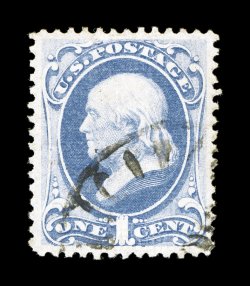 134 var., 1c Ultramarine with grill, double grill, one split, a select quality example of this elusive grill variety, excellent centering, unusually bright color, lightly
cancelled, extremely fine 1991 PF certificate.