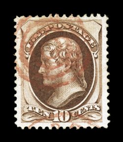 139, 10c Brown with grill, a lovely appearing used example, extravagantly large margins all around and being very well centered within them, strong rich color, light red target
cancel, just a faint trace of diagonal crease at bottom right, o