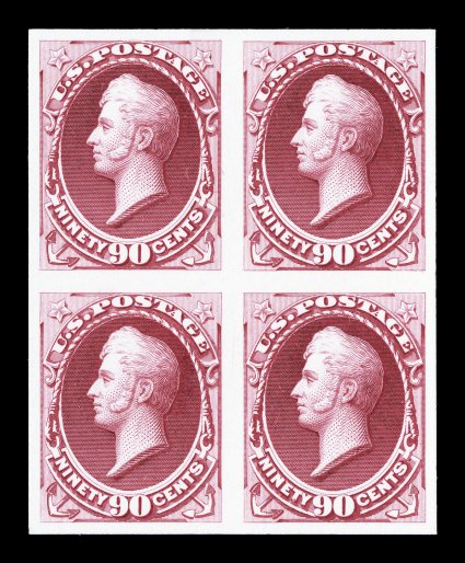 145P3-55P3, 1c-90c National Bank Notes, plate proofs on India cplt. in blocks of four mounted on card, marvelously fresh thoughout, large margins, very fine-extremely fine a
particularly handsome set of proof blocks.