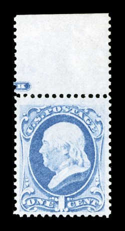 145, 1c Ultramarine, an incredibly fresh and choice top sheet-margin partial imprint single, brilliant color on pristine white paper, excellent centering amid
uncharacteristically large margins, fresh clean o.g., never hinged, extremely fine ac