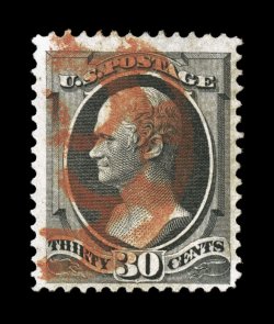 154, 30c Black, pretty used single, with deep intense color and impression, nicely centered within large margins, marvelously postmarked by a red fancy NYFM cancel, very fine
1983 PF certificate.