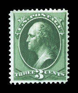 158 var., 3c Dark green, an eye-catching example of this distinctive shade variety, possessing absolutely stunning color that is the deepest and most intense we have ever seen
on a Three Cent Bank Note, with an impression that would be the envy