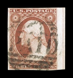 10A, 3c Orange brown, Ty. II, right sheet-margin single with straddle margin guide line, other margins quite large, strong color and impression, centrally struck Boston Paid
cancel, extremely fine 2007 PF certificate.