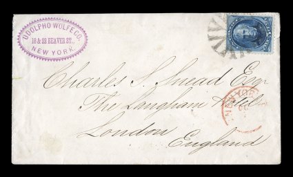 179, 5c Blue, exceptionally deep rich color, tied by fancy NYFM cancel (Weiss TR-S6) on 1876 cover to England (backstamped), red New York c.d.s., violet merchants oval handstamp
at top left, cover with trivial edge wear, very fine.